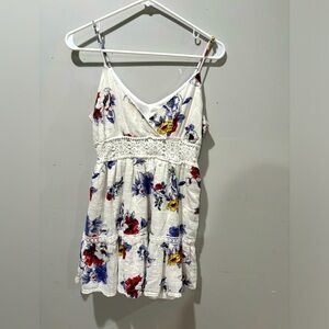 White Mini Dress with Flowers and Spaghetti Straps Sundress